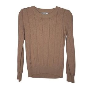 Grace Karin Pointelle Knit Sweater Womens L Tan Puff Sleeve Crew Neck Soft Girl